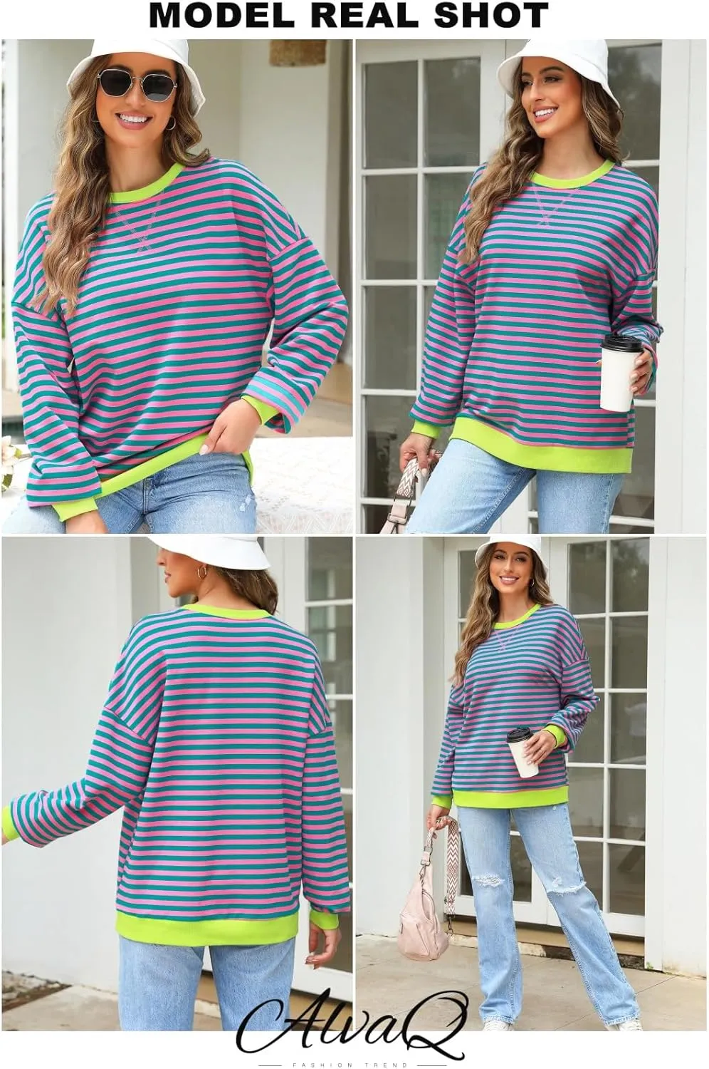 AlvaQ Womens Oversized Sweatshirt 2024 Casual Crewneck Long Sleeve Colorblock Striped Pullover Tunic Tops Outfits