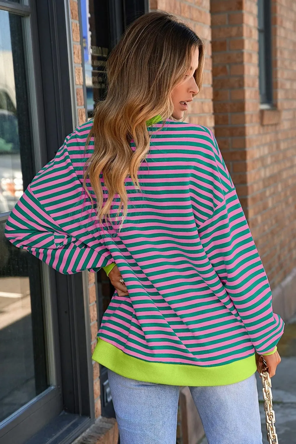 AlvaQ Womens Oversized Sweatshirt 2024 Casual Crewneck Long Sleeve Colorblock Striped Pullover Tunic Tops Outfits