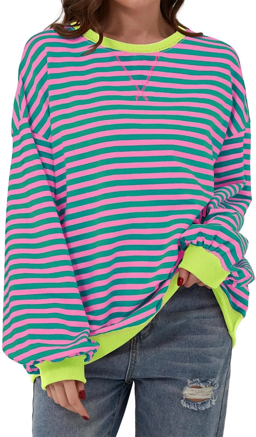 AlvaQ Womens Oversized Sweatshirt 2024 Casual Crewneck Long Sleeve Colorblock Striped Pullover Tunic Tops Outfits
