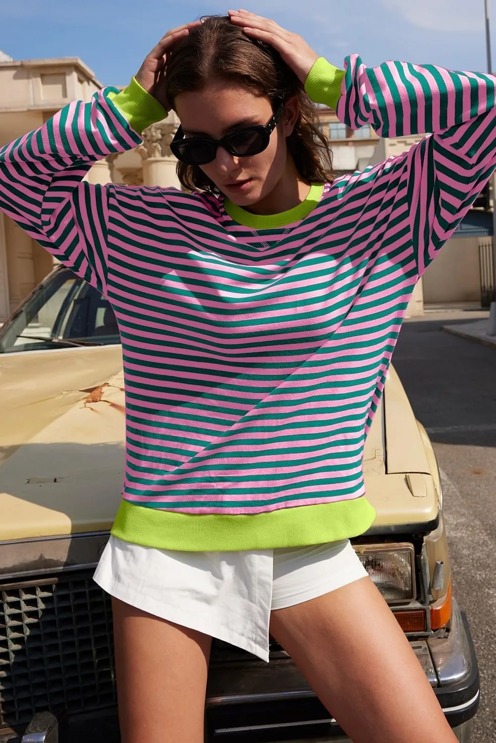 AlvaQ Womens Oversized Sweatshirt 2024 Casual Crewneck Long Sleeve Colorblock Striped Pullover Tunic Tops Outfits