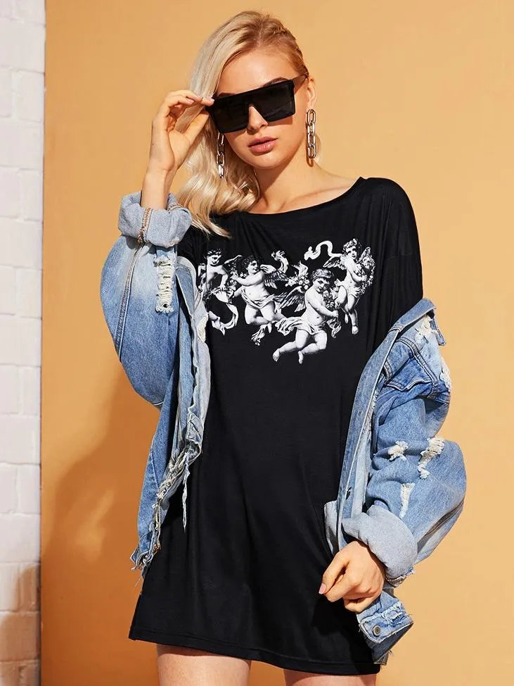 Angel Print Longline Oversized Tee