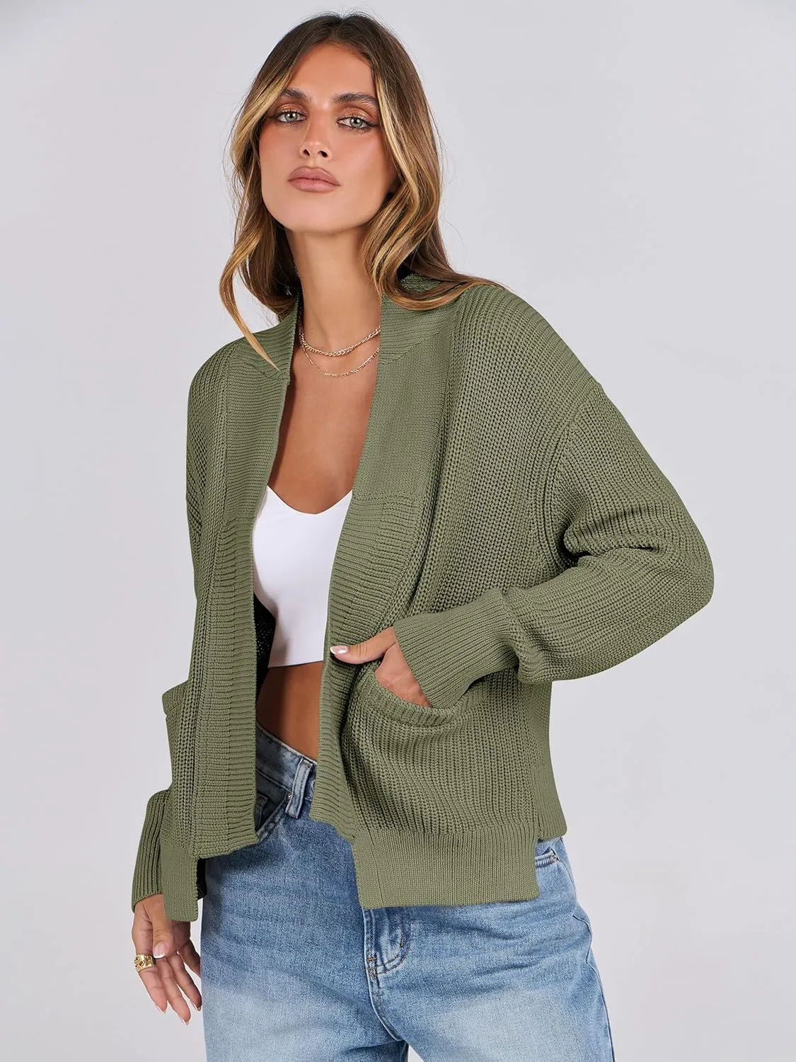 ANRABESS Women Jackets Sweaters Long Sleeve Open Front Loose Lightweight Knit Cropped Cardigan 2025 Spring Trendy Coats