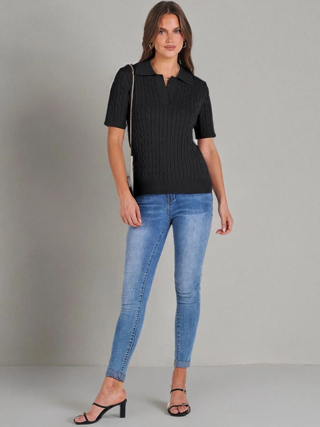 ANRABESS Women's Short Sleeve Sweaters Tops Polo V Neck Cable Knit Casual Soft Pullover Shirts 2025 Summer Outfits