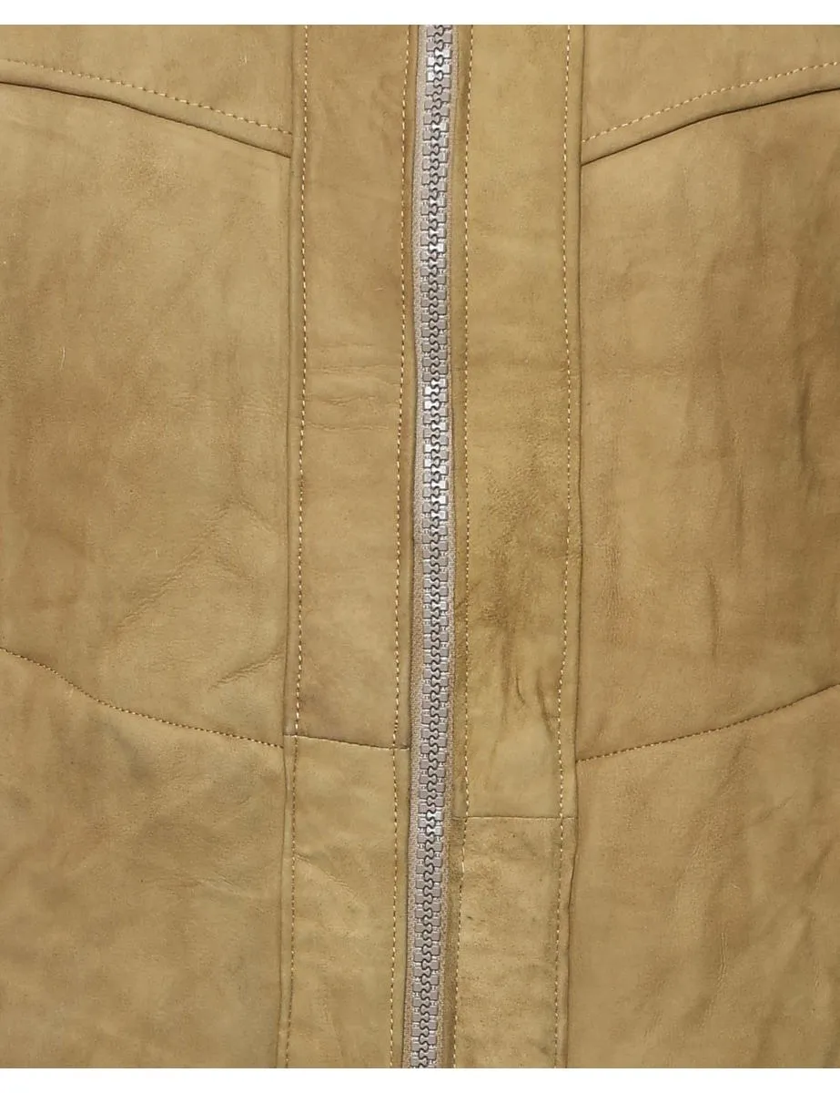 Beige Faux Shearling Lined Suede Zip-Front Jacket - L