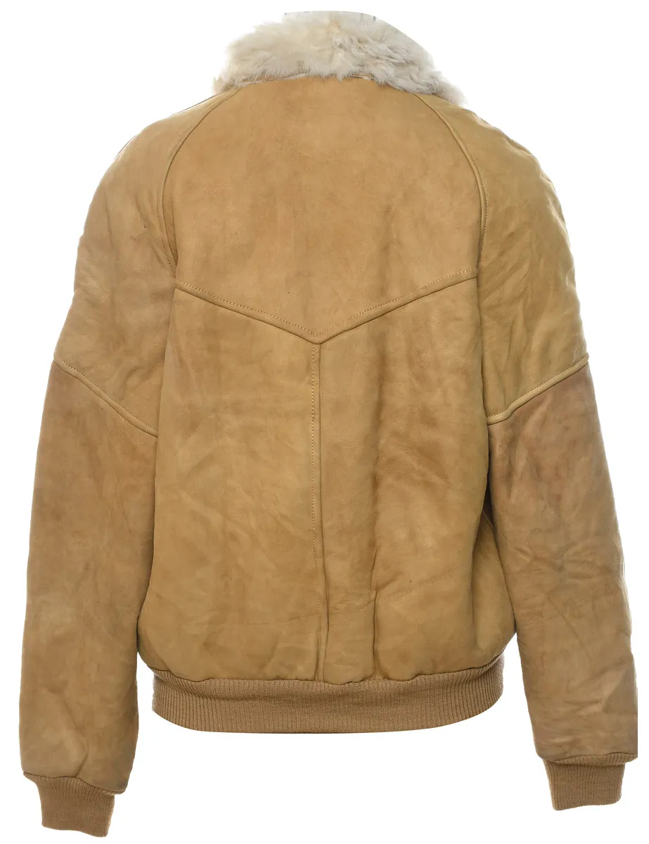 Beige Faux Shearling Lined Suede Zip-Front Jacket - L