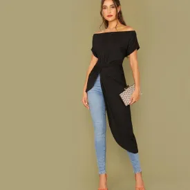Black Off Shoulder Twist Front Asymmetrical Hem Bardot Top
