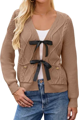 BMJL Womens Cardigan Sweater Cropped Tie Front Bow Sweaters Cable Knit Long Sleeve Trendy Clothes 2024