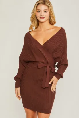 Brown Off Shoulder Wrap Belted Ribbed Knit Dress