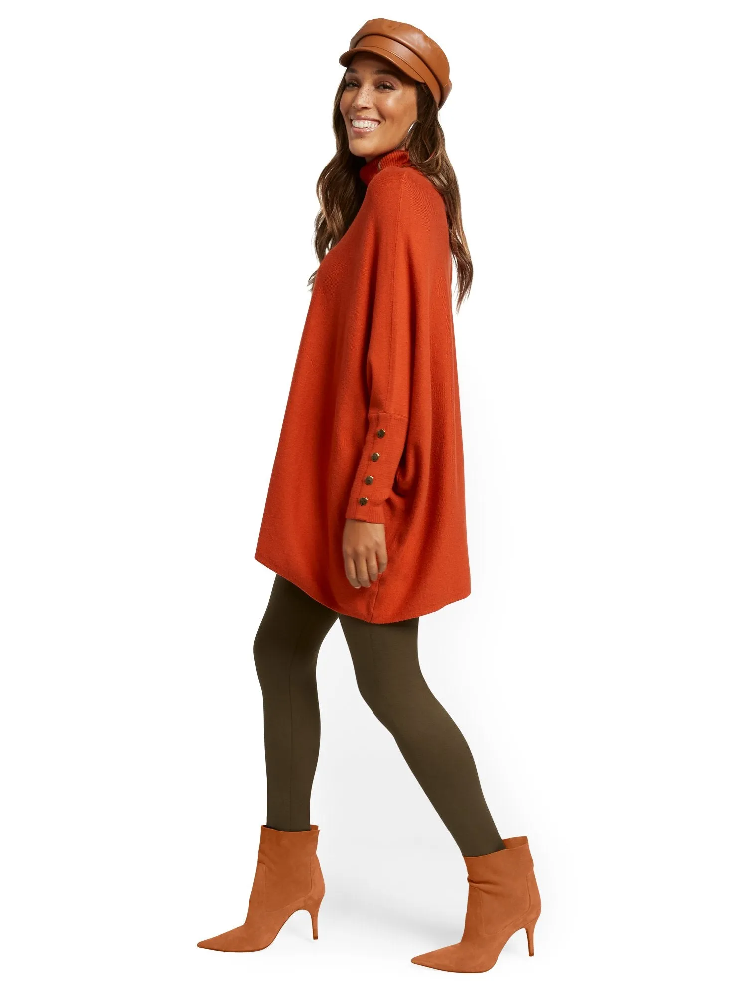 Button-Accent Turtleneck Dolman Sweater