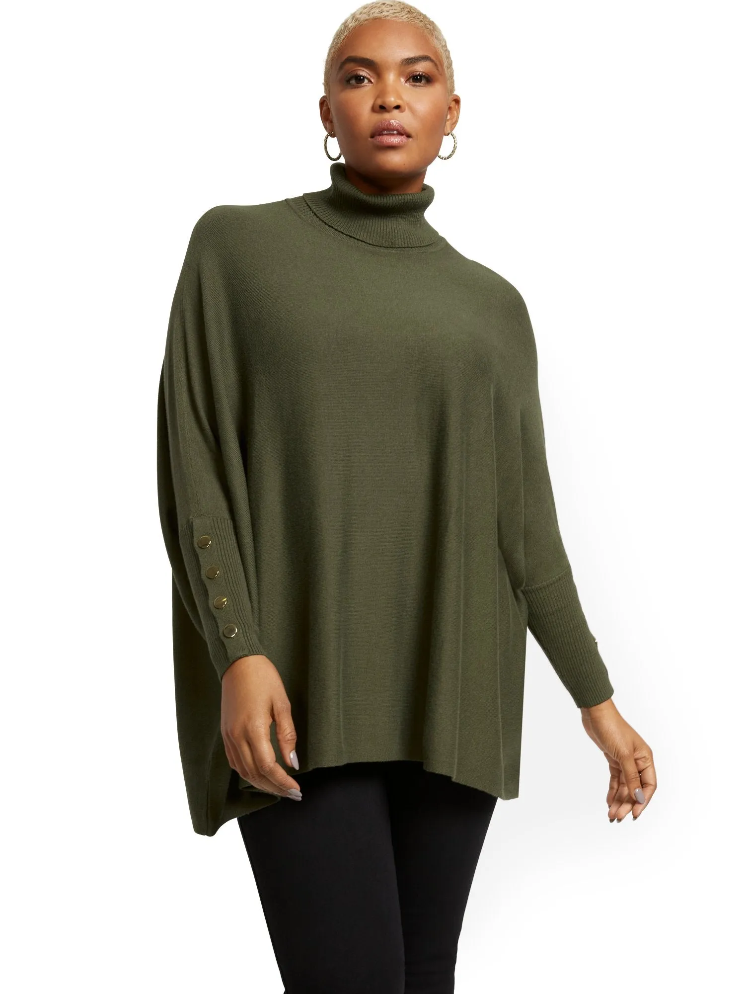 Button-Accent Turtleneck Dolman Sweater