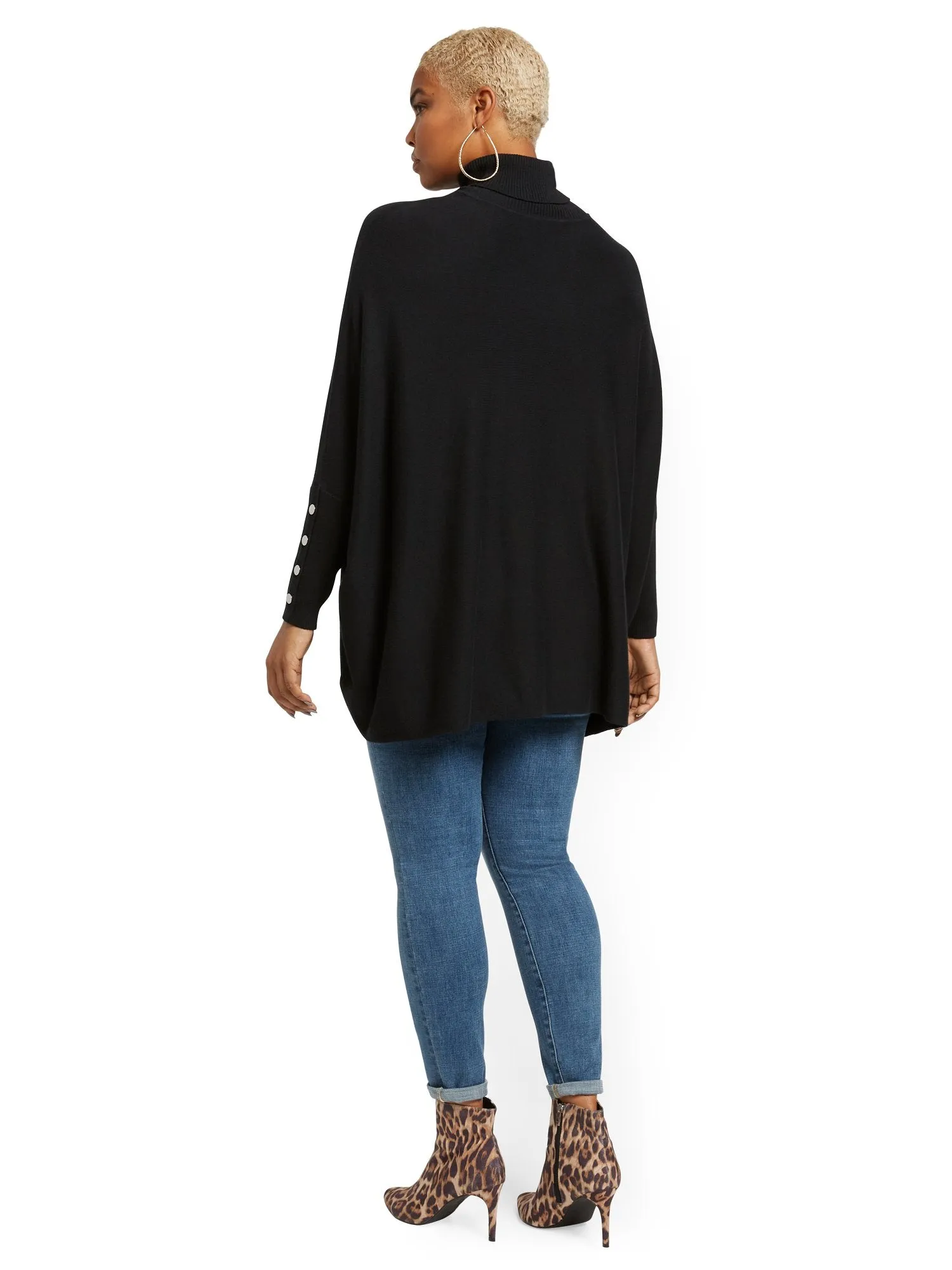 Button-Accent Turtleneck Dolman Sweater