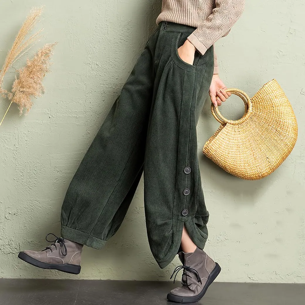 chouyatou Women's Winter Loose Baggy Sherpa Lined Corduroy Pants Elastic High Waisted Wide Leg Trouser