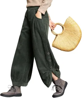 chouyatou Women's Winter Loose Baggy Sherpa Lined Corduroy Pants Elastic High Waisted Wide Leg Trouser