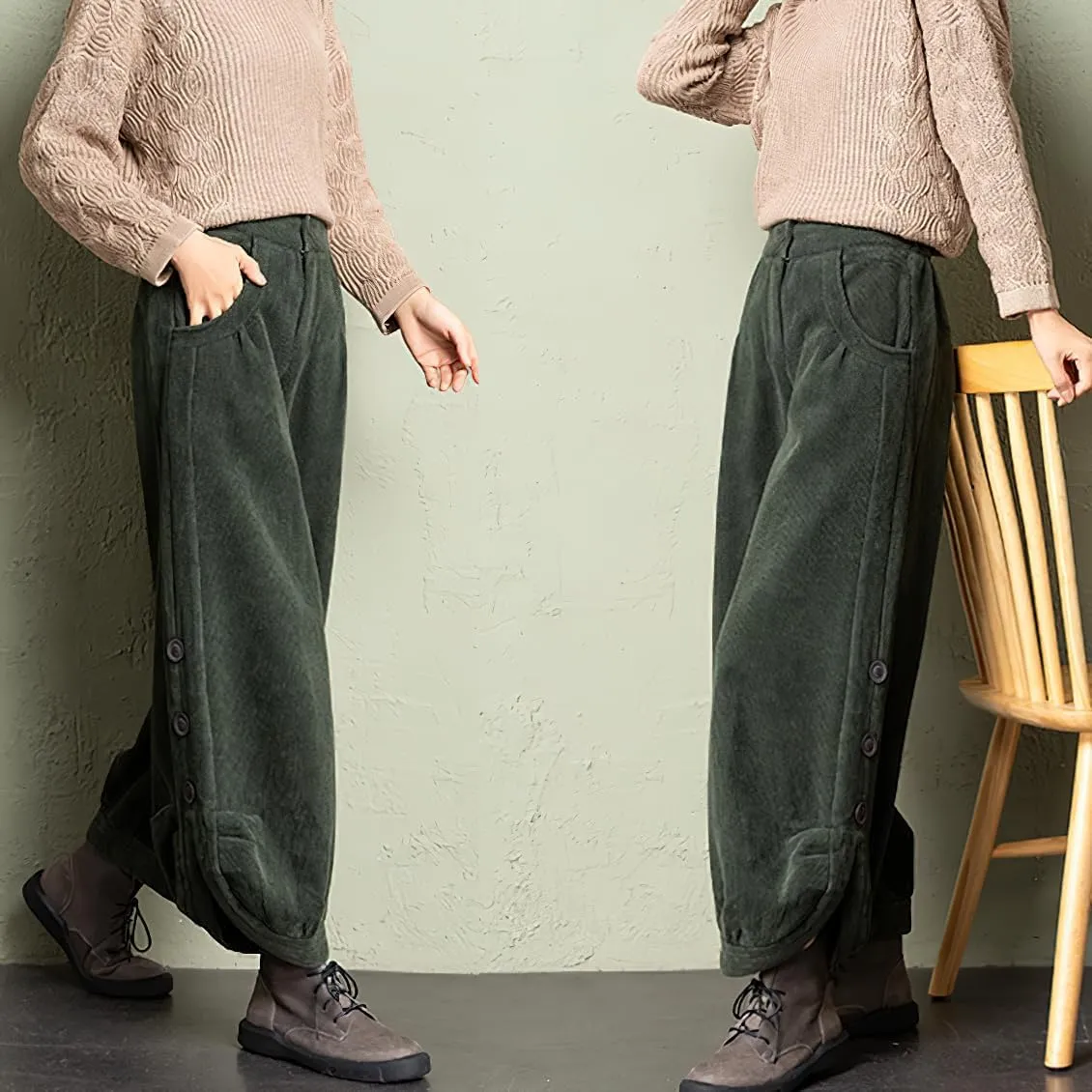 chouyatou Women's Winter Loose Baggy Sherpa Lined Corduroy Pants Elastic High Waisted Wide Leg Trouser