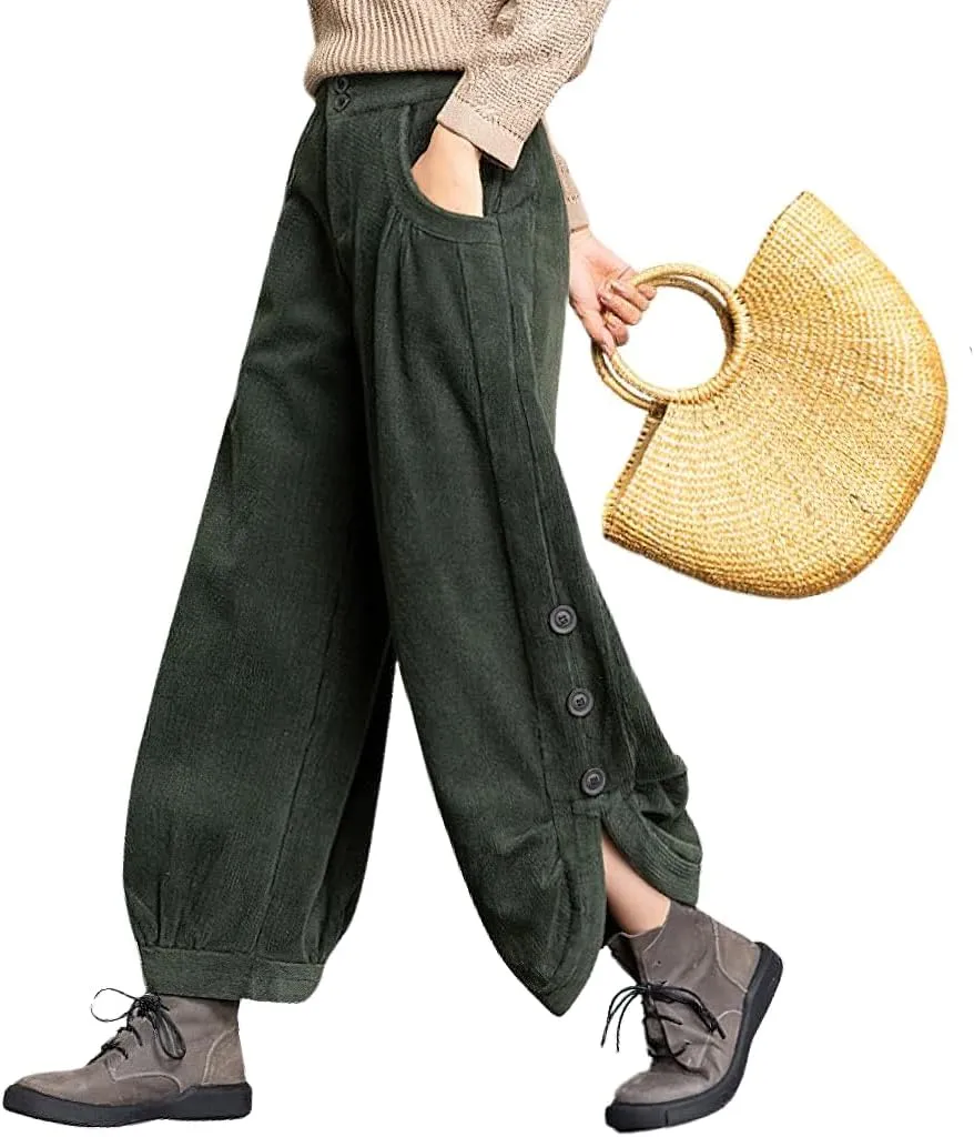 chouyatou Women's Winter Loose Baggy Sherpa Lined Corduroy Pants Elastic High Waisted Wide Leg Trouser