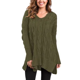 Crew Neck Cable Knit Irregular Side Split Loose Oversized Long Sweater