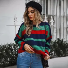 Crew Neck Stripe Loose Long Batwing Sleeves Women Chunky Sweater