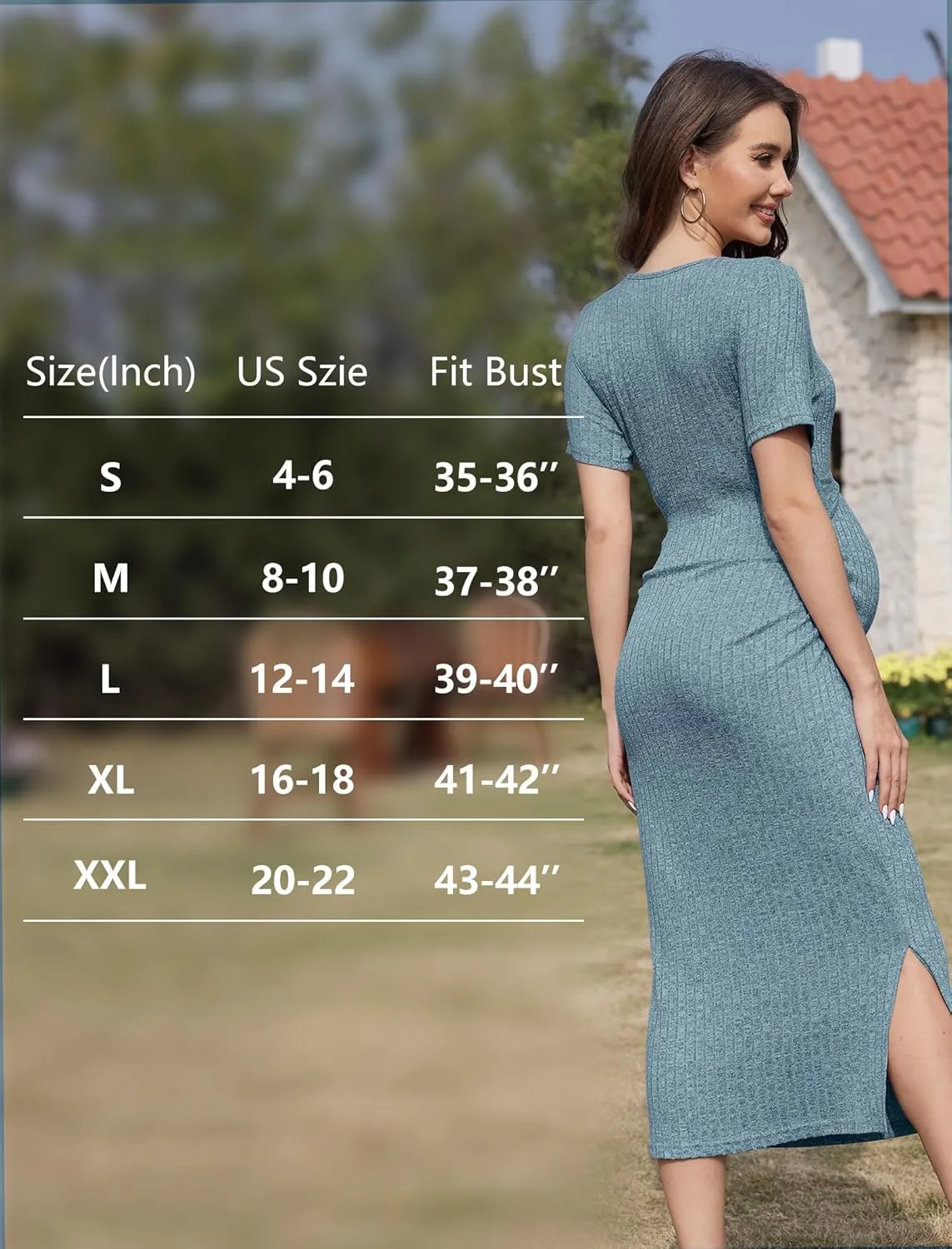 Crewneck Short Sleeve Maternity Dress Rib Knit Photoshoot Baby Shower Dresses Slit Pregnancy Clothes with Belt