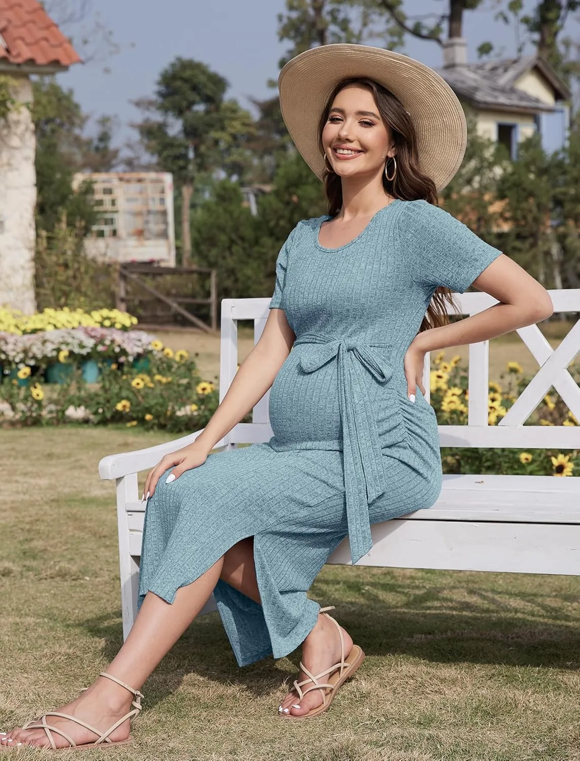 Crewneck Short Sleeve Maternity Dress Rib Knit Photoshoot Baby Shower Dresses Slit Pregnancy Clothes with Belt