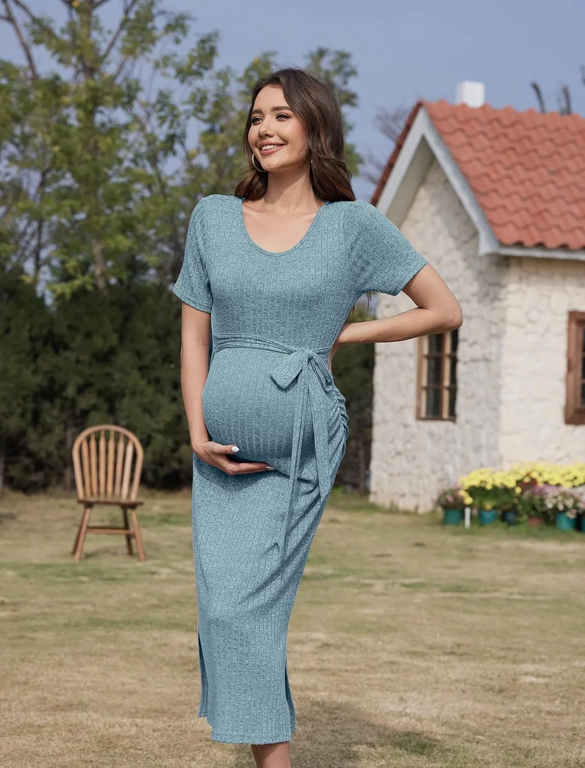 Crewneck Short Sleeve Maternity Dress Rib Knit Photoshoot Baby Shower Dresses Slit Pregnancy Clothes with Belt