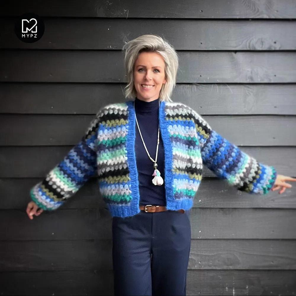 Crochet kit - MYPZ Short Mohair Granny stripes cardigan Jeans (ENG-NL)
