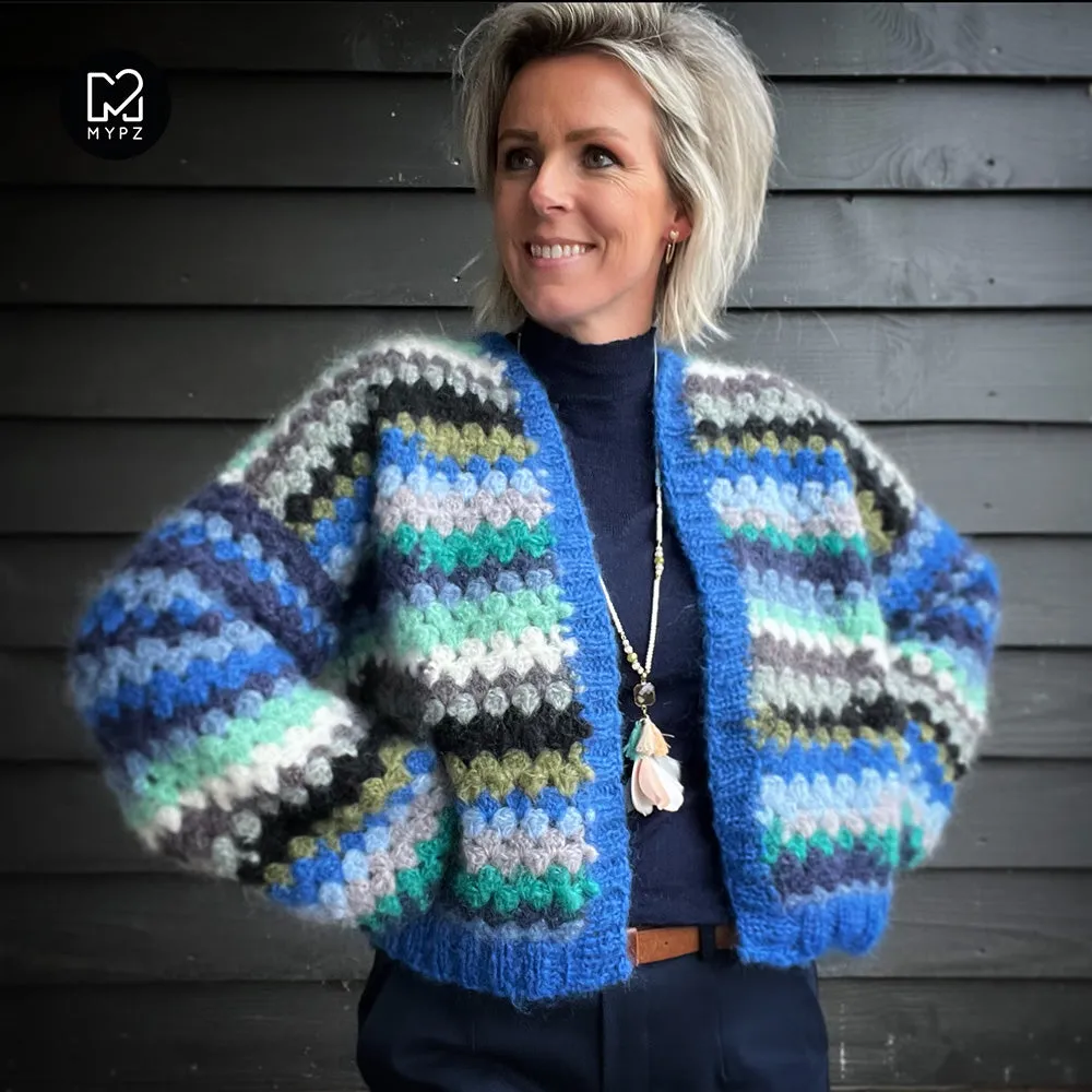 Crochet kit - MYPZ Short Mohair Granny stripes cardigan Jeans (ENG-NL)