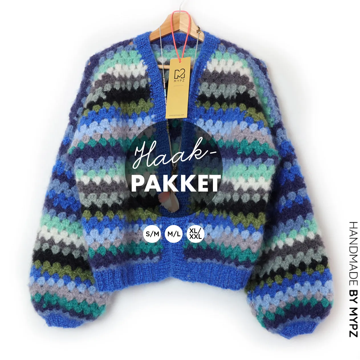Crochet kit - MYPZ Short Mohair Granny stripes cardigan Jeans (ENG-NL)