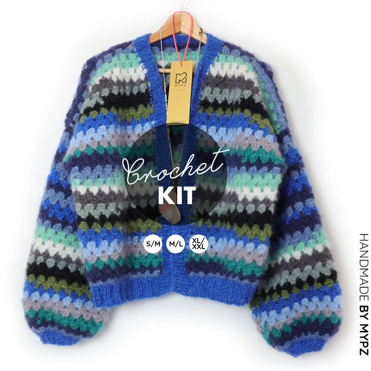 Crochet kit - MYPZ Short Mohair Granny stripes cardigan Jeans (ENG-NL)
