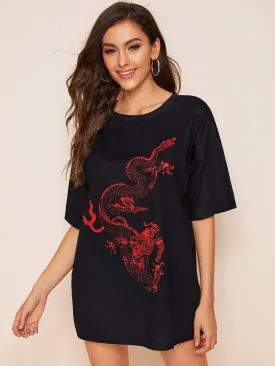 Dragon Print Half Sleeve Longline Tee