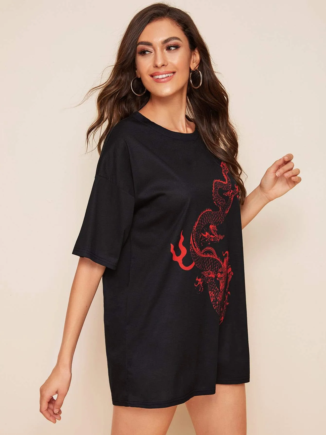 Dragon Print Half Sleeve Longline Tee