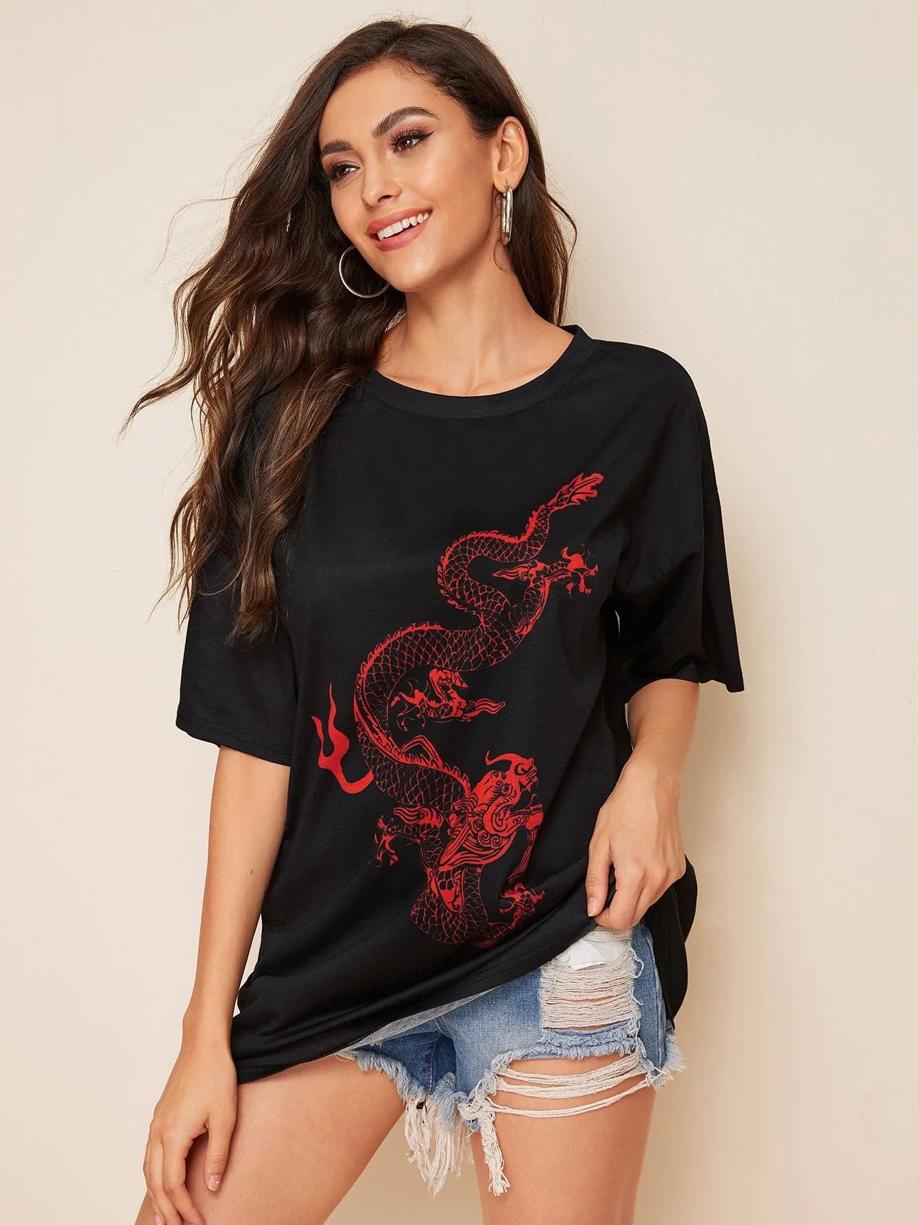 Dragon Print Half Sleeve Longline Tee