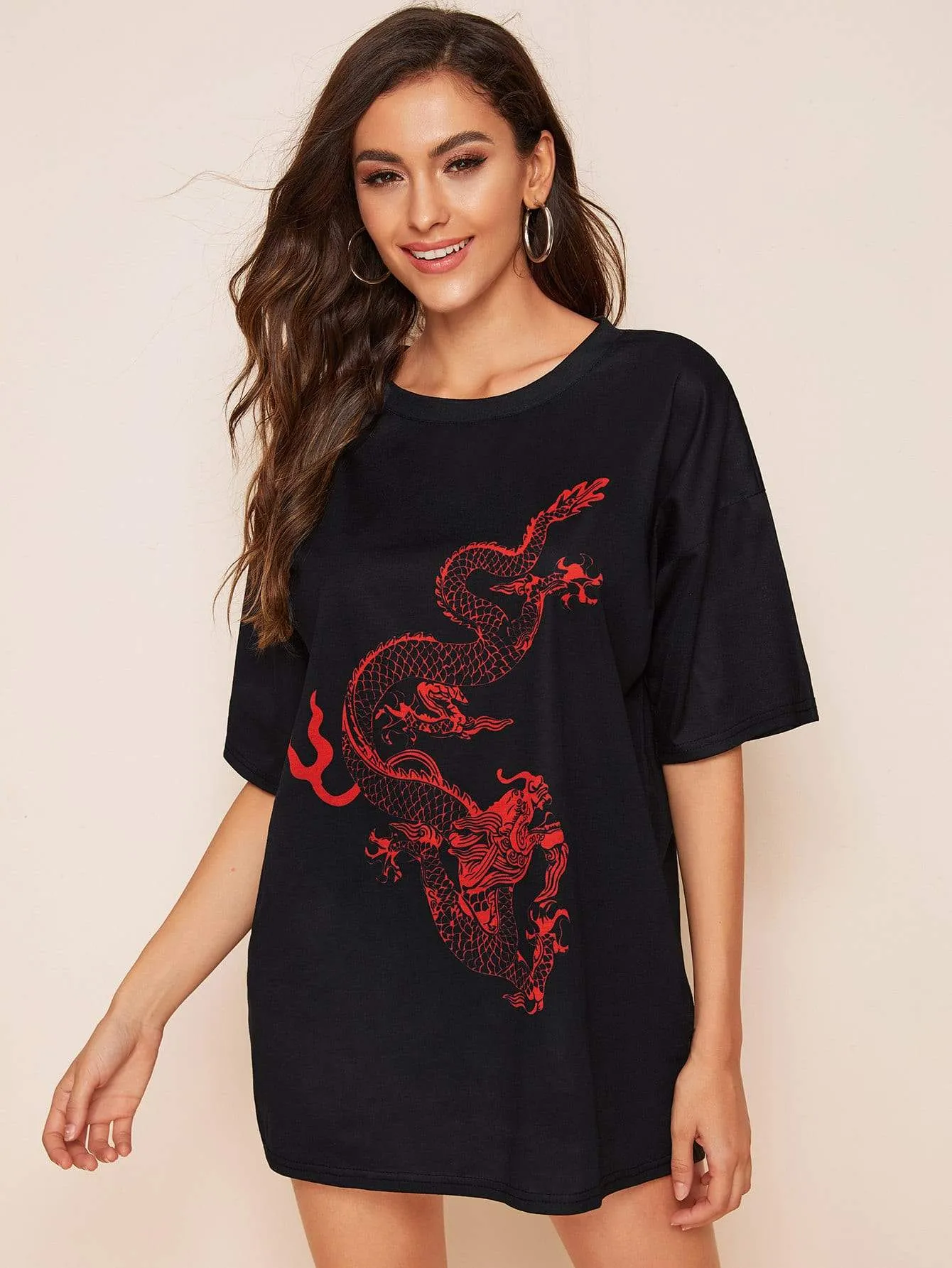 Dragon Print Half Sleeve Longline Tee