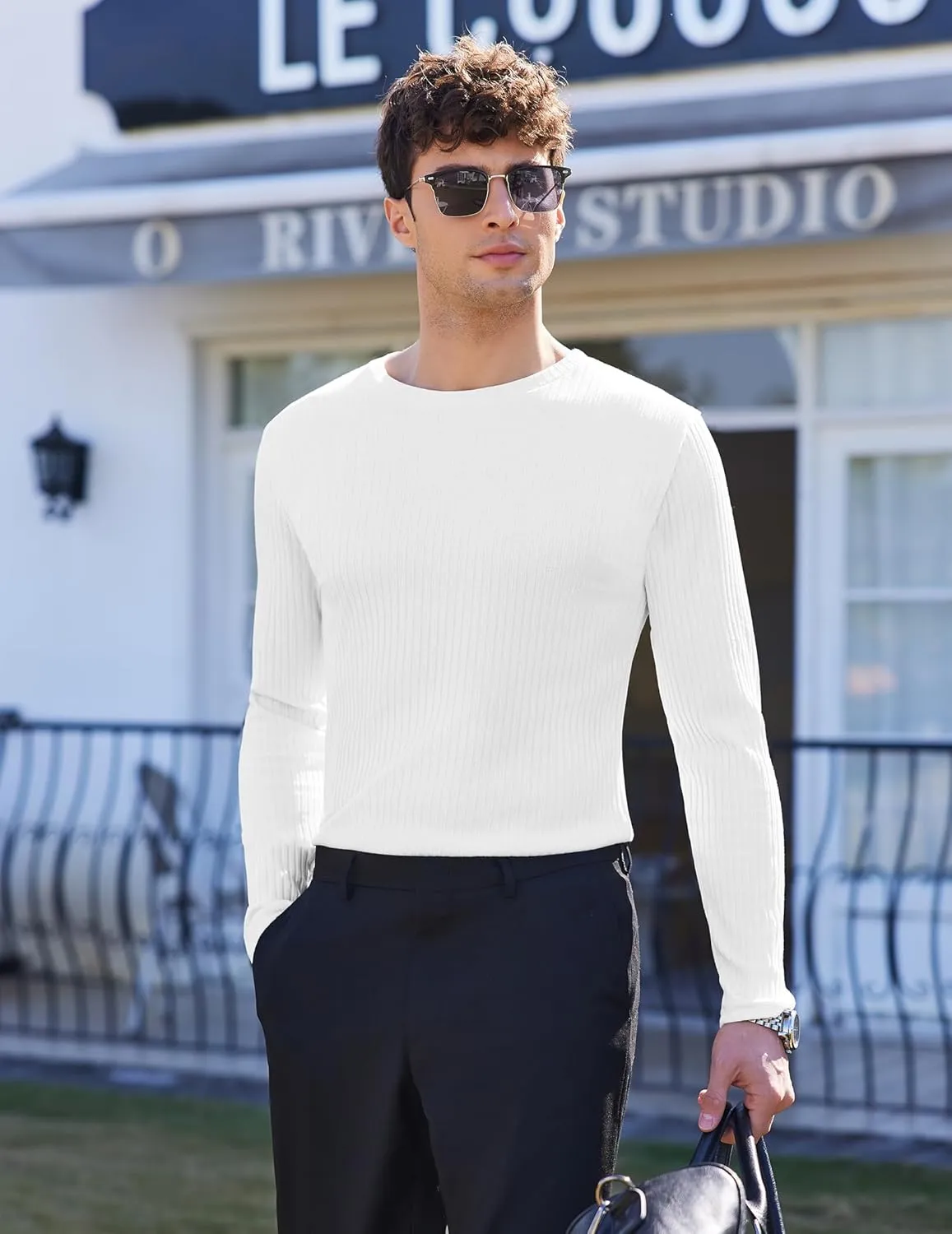Ekouaer Men's Long Sleeve Shirts Ribbed Pullover Sweater Sim Fit Thermal Tops Crew Neck Stretchy Undershirts S-XXL