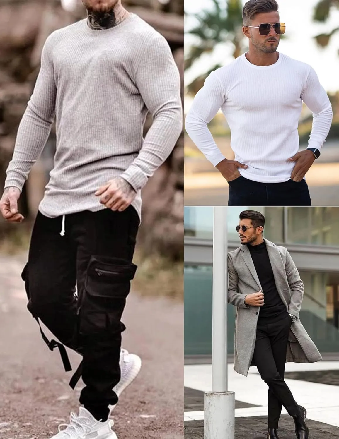 Ekouaer Men's Long Sleeve Shirts Ribbed Pullover Sweater Sim Fit Thermal Tops Crew Neck Stretchy Undershirts S-XXL