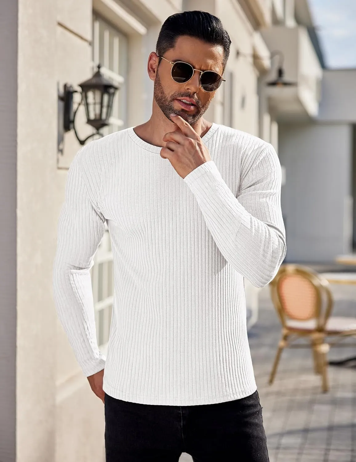 Ekouaer Men's Long Sleeve Shirts Ribbed Pullover Sweater Sim Fit Thermal Tops Crew Neck Stretchy Undershirts S-XXL