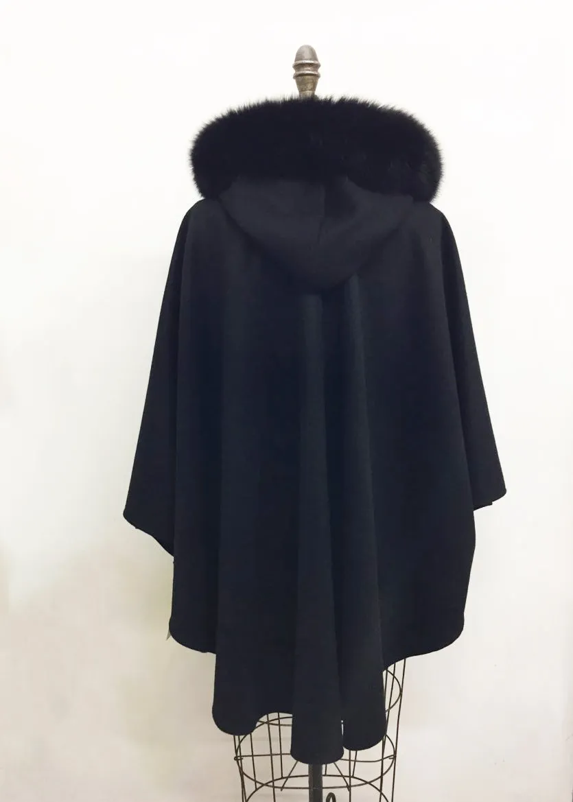 Ella Hooded Cape - 50% Cashmere & Wool Blend - Genuine Fox Trim