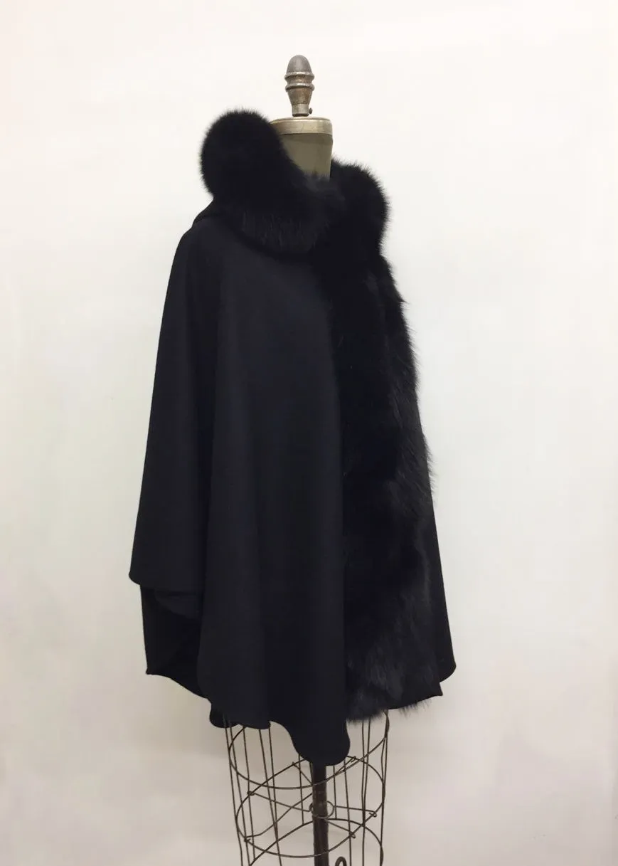 Ella Hooded Cape - 50% Cashmere & Wool Blend - Genuine Fox Trim