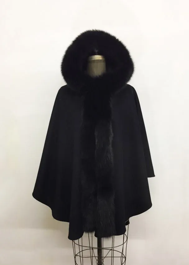 Ella Hooded Cape - 50% Cashmere & Wool Blend - Genuine Fox Trim
