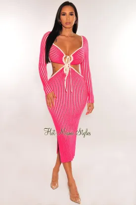 Fuchsia White Ribbed Knit Keyhole Cut Out Slit Dress
