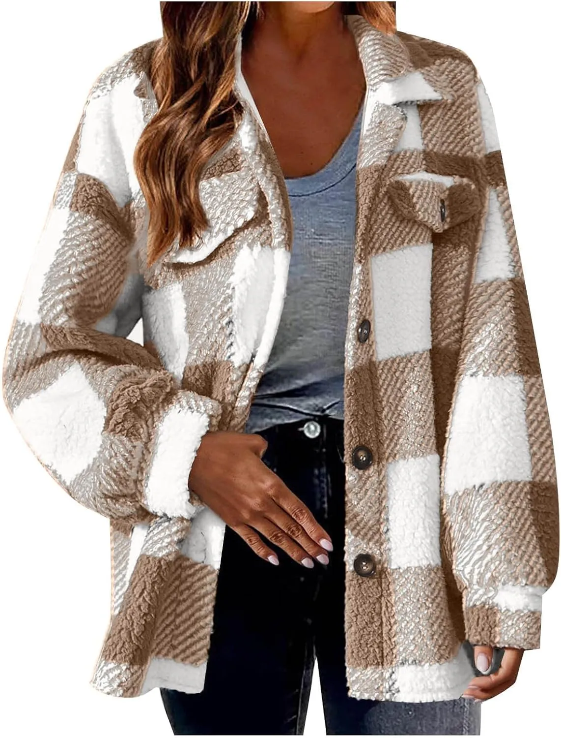 Fuzzy Fleece Shacket Jacket Sherpa Plaid Fleece Shearling Lined Coat