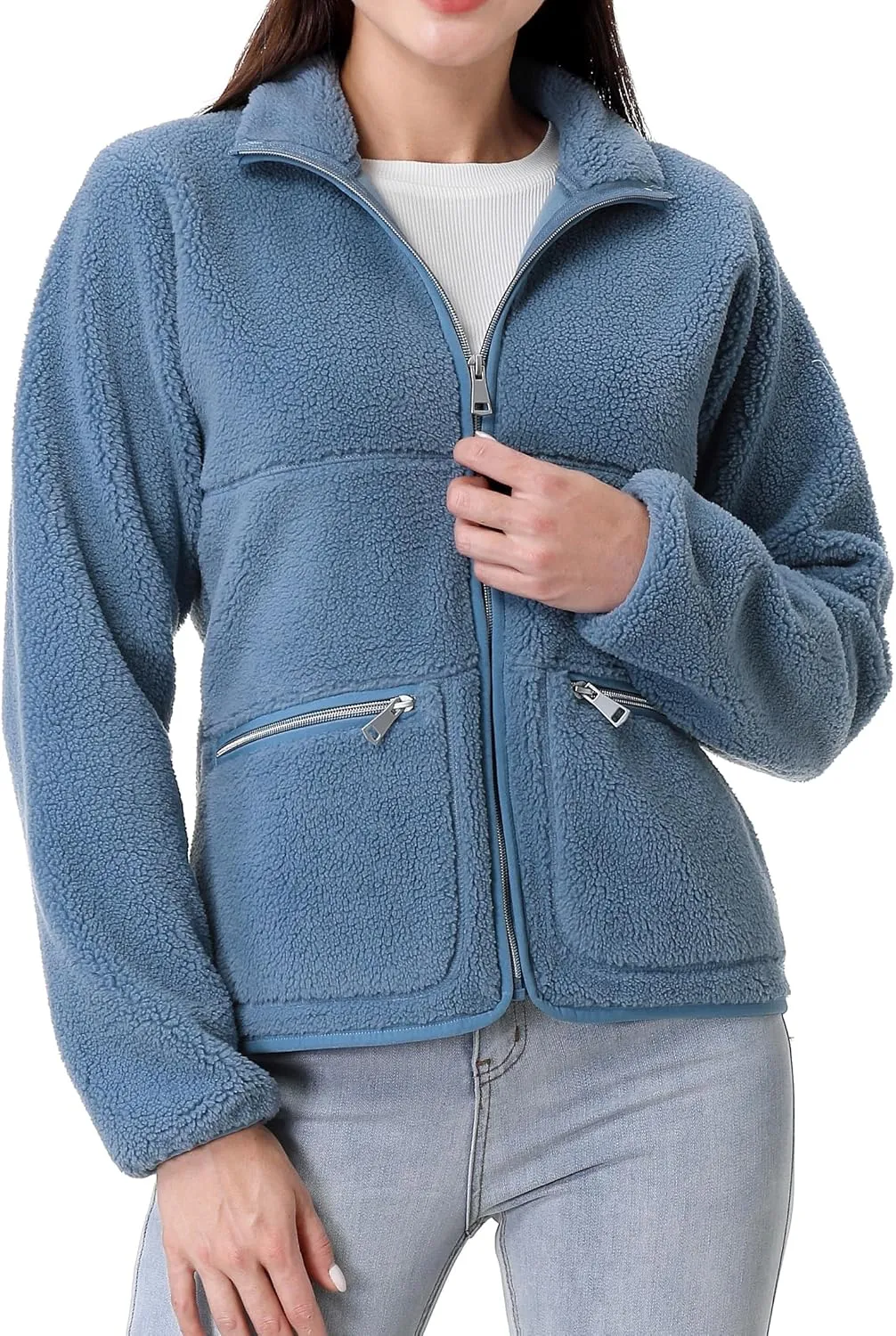 GIMECEN Women's Fuzzy Fleece Jacket Long Sleeve Zip Up Sherpa Coat Soft Polar Outerwear with Zipper Pockets