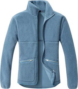 GIMECEN Women's Fuzzy Fleece Jacket Long Sleeve Zip Up Sherpa Coat Soft Polar Outerwear with Zipper Pockets
