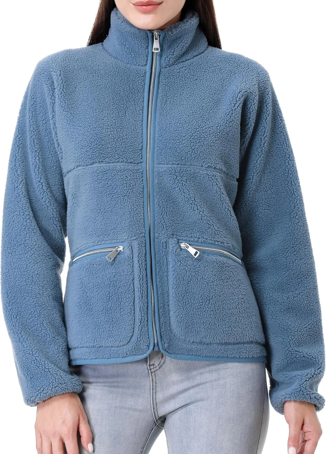 GIMECEN Women's Fuzzy Fleece Jacket Long Sleeve Zip Up Sherpa Coat Soft Polar Outerwear with Zipper Pockets