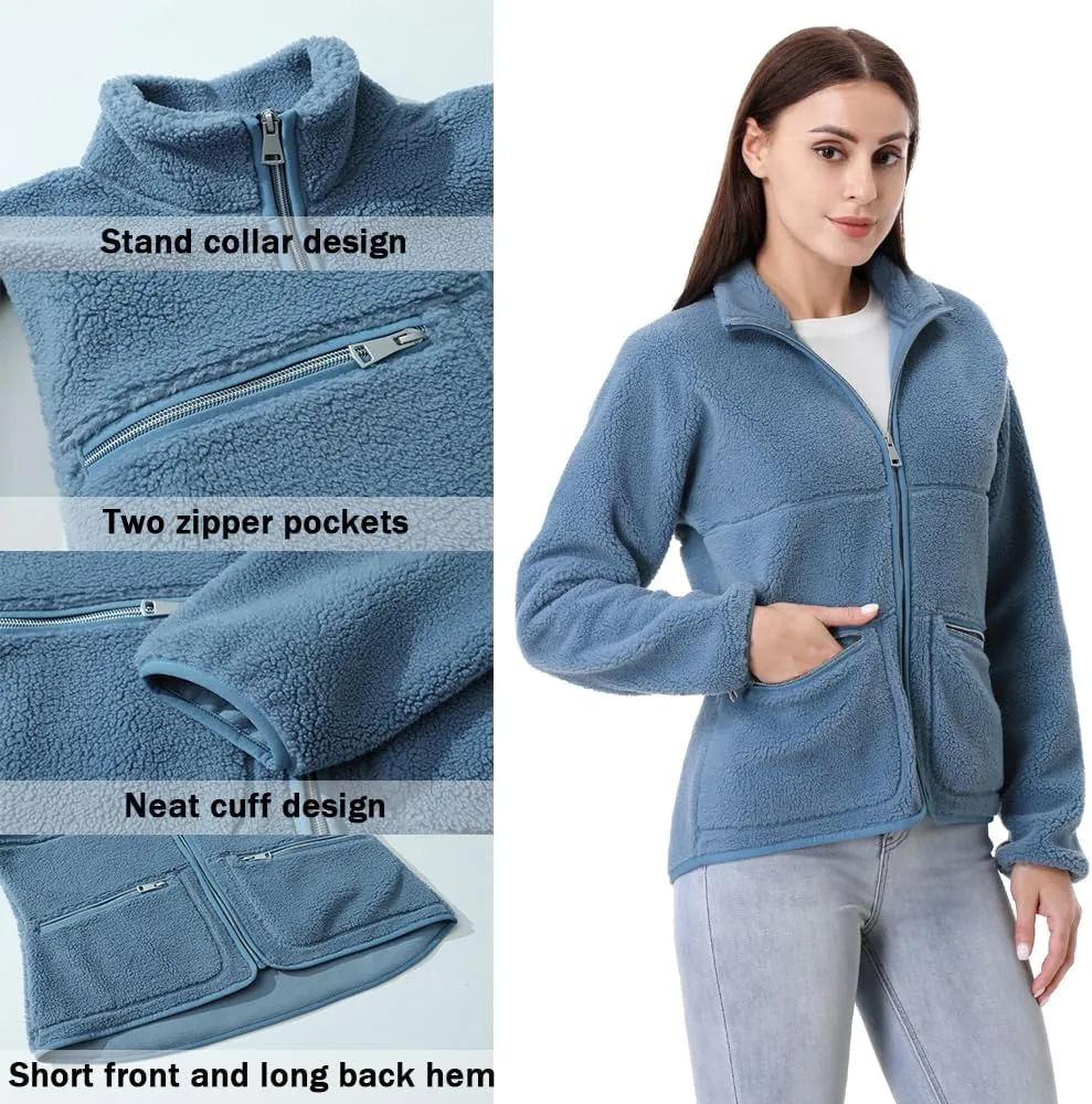 GIMECEN Women's Fuzzy Fleece Jacket Long Sleeve Zip Up Sherpa Coat Soft Polar Outerwear with Zipper Pockets