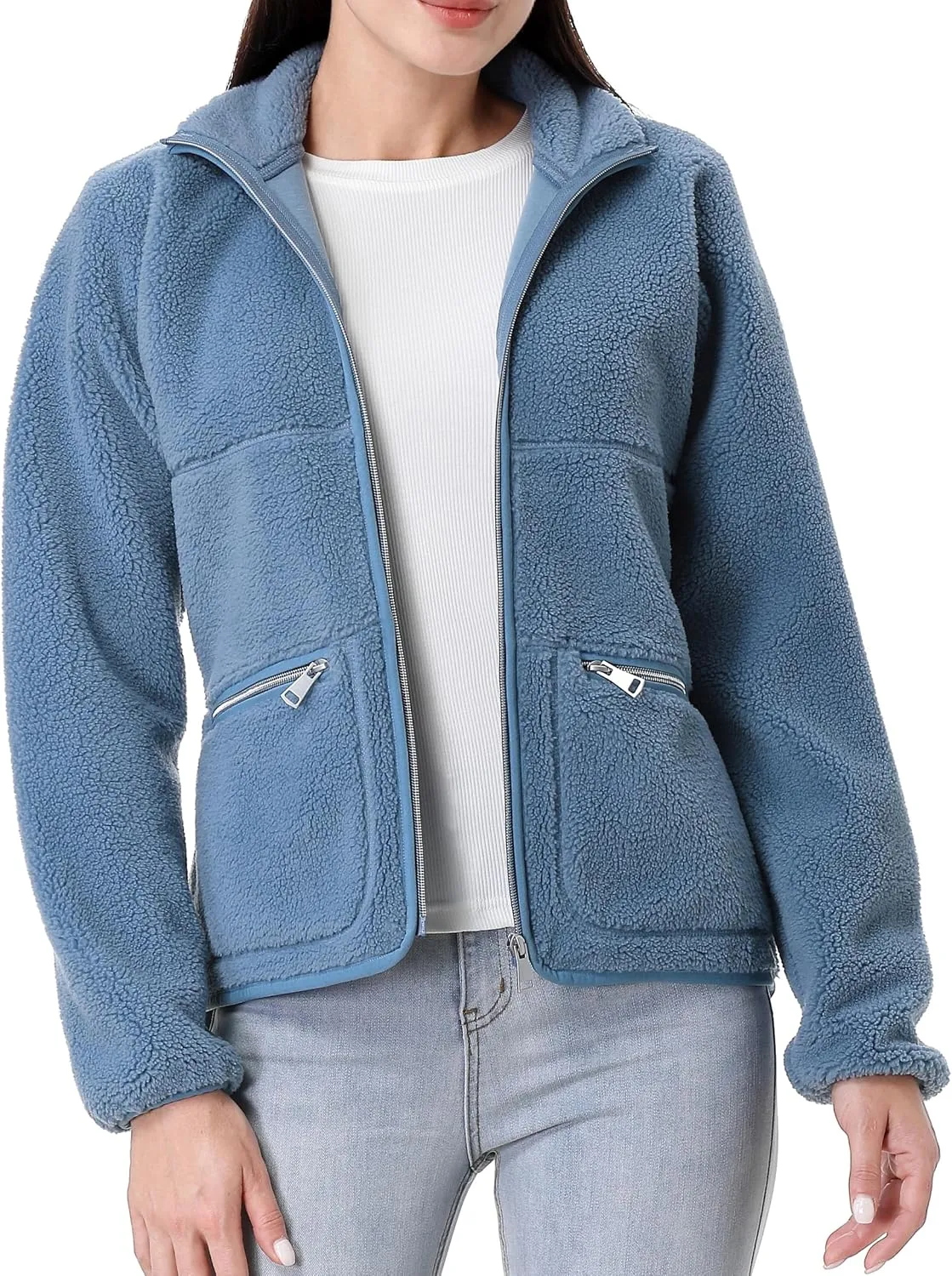 GIMECEN Women's Fuzzy Fleece Jacket Long Sleeve Zip Up Sherpa Coat Soft Polar Outerwear with Zipper Pockets