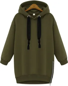 Green Hooded Long Sleeve Zipper Loose Sweatshirt