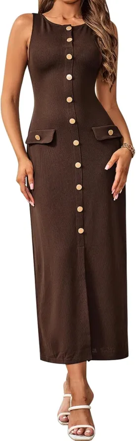 HTZMO Women's Sleeveless Sweater Maxi Dress Bodycon Button Ribbed Knit Pullover Casual Long Dresses for Office Work