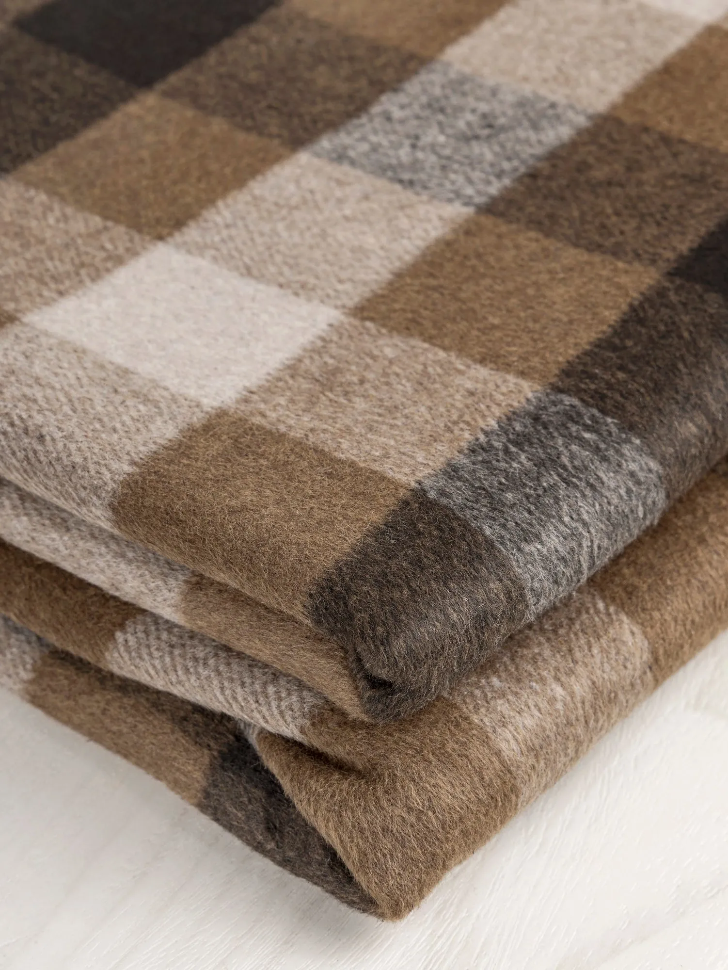 Large Check Brushed Melton Wool Blend Deadstock - Brown   Tan   Beige - Swatch