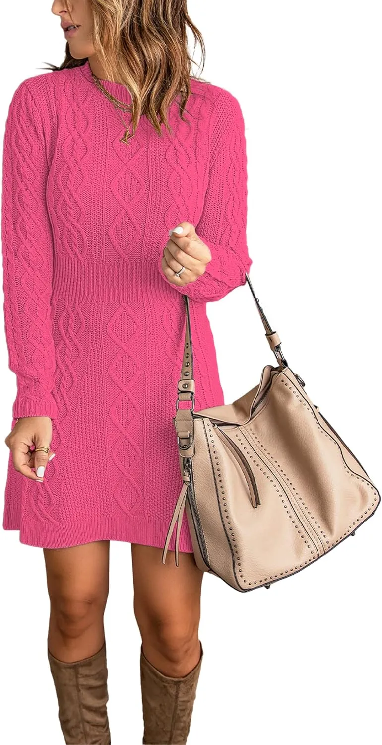 luvamia Sweater Dress for Women Cable Knit Ribbed A-Line Short Fitted Pullover Sweaters Dresses Fall Winter