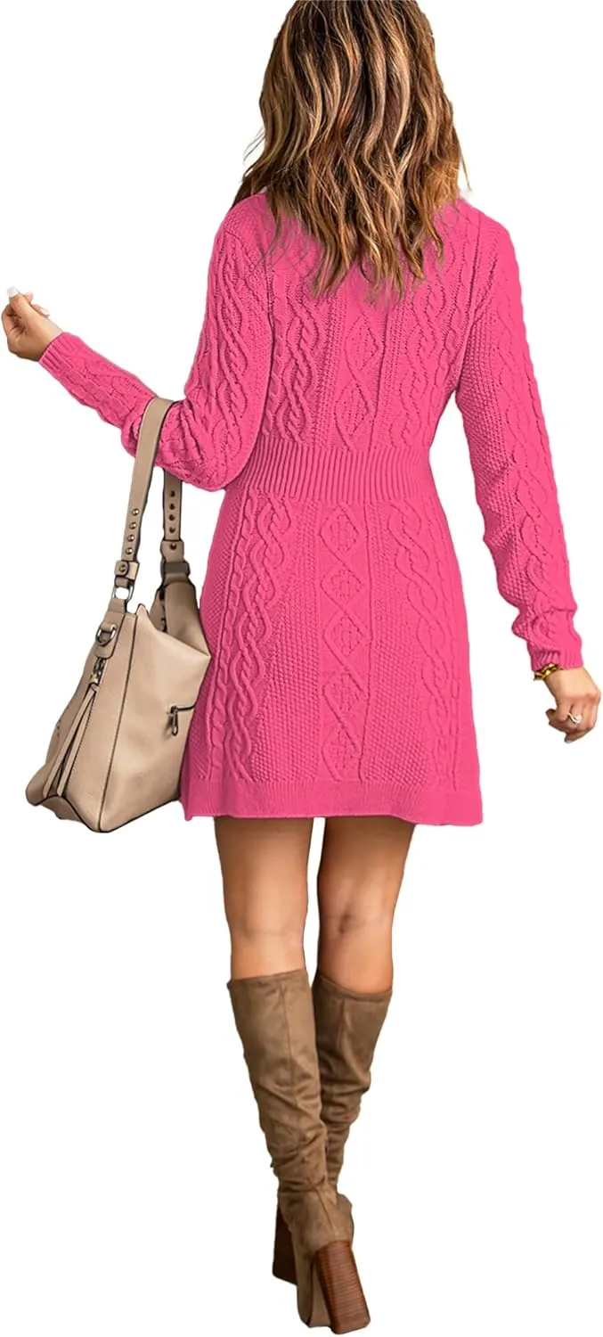 luvamia Sweater Dress for Women Cable Knit Ribbed A-Line Short Fitted Pullover Sweaters Dresses Fall Winter